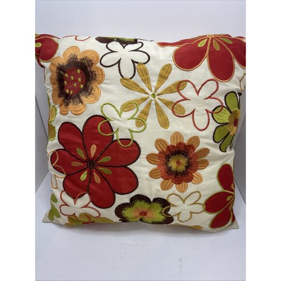 Pier One Throw Pillow w/ Insert Floral Design Embroidered 16x16 Zipper Cheery - Picture 1 of 7